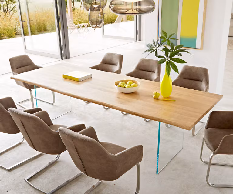 DELIFE Eettafel Edge met eiken houten blad en glazen onderstel, Live-Edge, Bruin/Transparant, B: 260 cm, D: 100 cm, H: 73,5 cm
