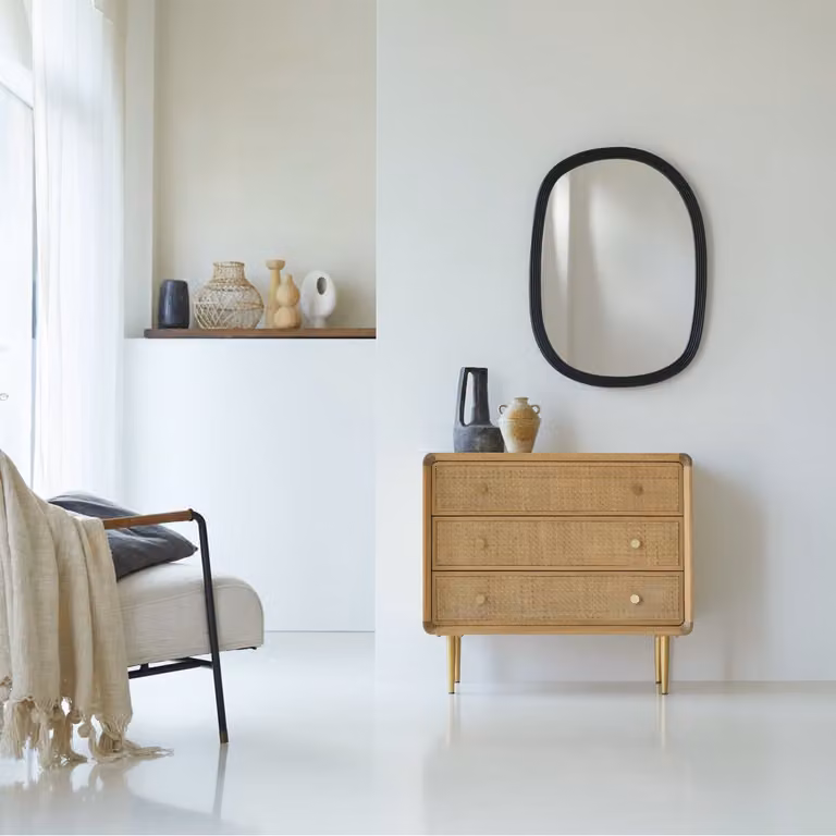 Tikamoon Ladekast van massief eikenhout en rotan - Beige - B: 72 cm, D: 40 cm, H: 80 cm