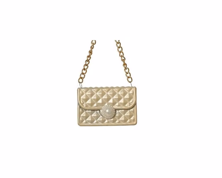 Kersthanger tas met parel en tekst lettering, beige/wit, B: 7 cm, D: 2 cm, H: 4 cm