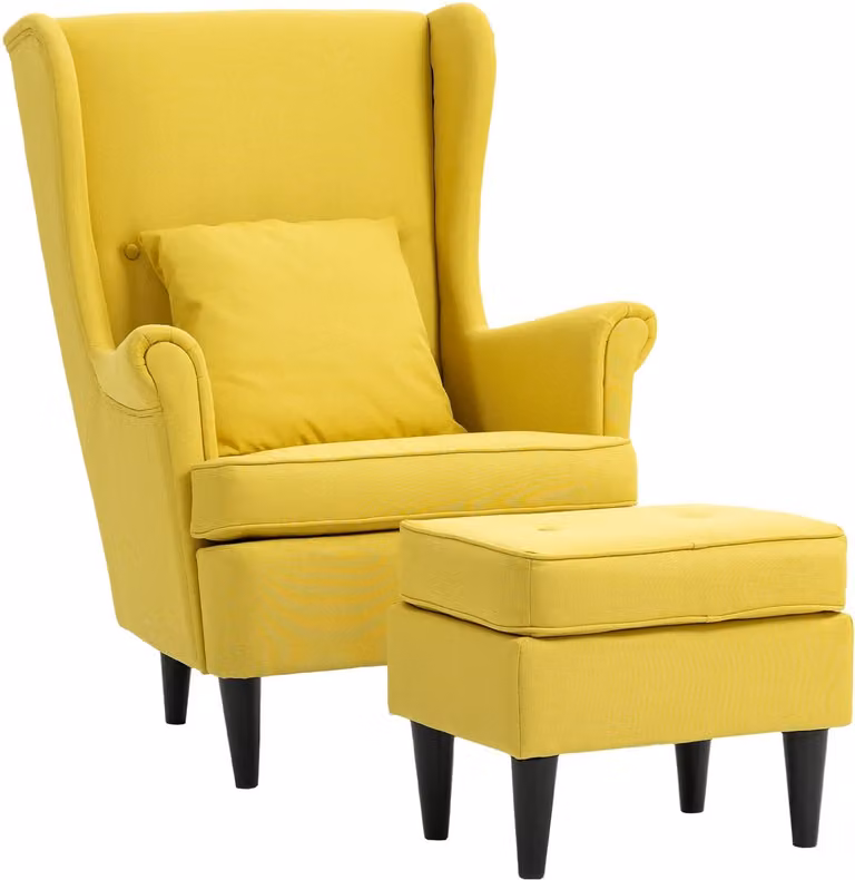 HOMCOM Oorfauteuil met ottoman en lendenkussen, moderne loungefauteuil in linnenlook, geel