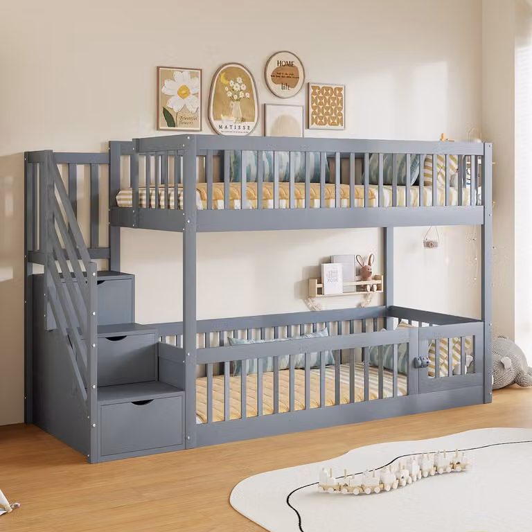 Clruro Stapelbed voor kinderen met lades en veiligheidsladder, Grijs, 90 x 200 cm