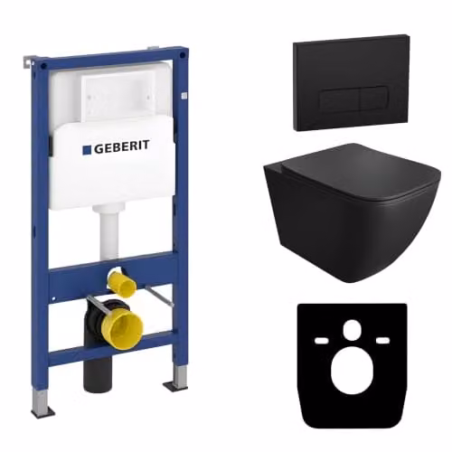 Lavita Duofix Basic inbouwframe met wand-diepspoelbak Onil zwart, randloos toilet, toiletbril en Delta 25 bedieningspaneel met zwarte knop, complete set