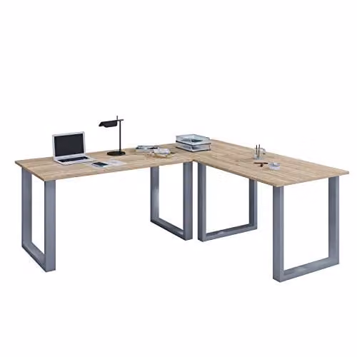 VCM Lona U Hoekbureau in Sonoma Eiken en Zilver, B/D/H: 190 x 130 x 76 cm