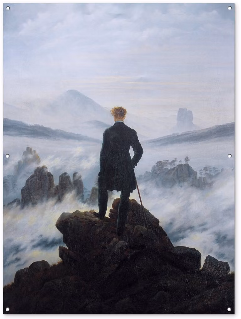 Tuinposter De wandelaar boven de nevelen - Schilderij van Caspar David Friedrich - Tuindecoratie voor buiten - Breedte: 120 cm, Hoogte: 160 cm