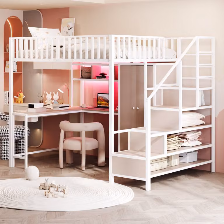 OKWISH Hoogslaper Wit met Bureau, Kledingkast, Ledverlichting en Oplaadpoorten, B/D: 140 x 200 cm