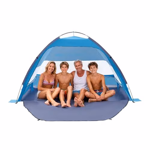 VEVOR Strandtent voor 4 personen, blauwe en zilveren draagbare zonnetent met UPF 50+ bescherming, B/D/H: 270 x 169 x 150 cm