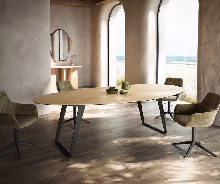 DELIFE Edge Oval Eetkamertafel met Keramisch Blad en Metalen Onderstel, Sabbia Eikenkleurig en Zwart, B/D/H: 280 x 130 x 77 cm