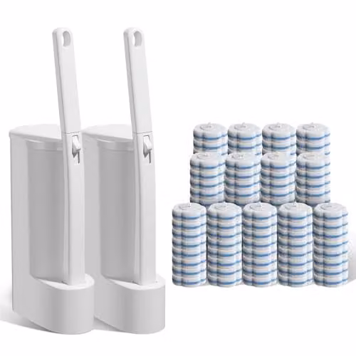 Set van 2 Plastic Wegwerp Toiletborstels met 104 Vervangbare Borstelkoppen en Anti-druppel Basis