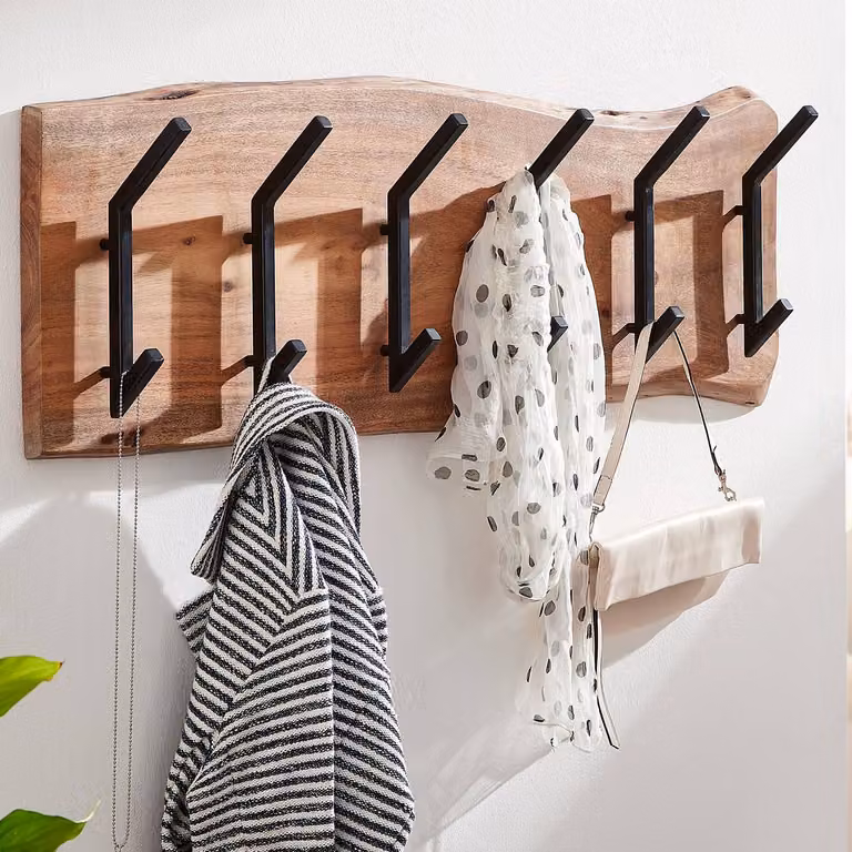 home24 Wandgarderobe Karnin Bruin met haken en massief hout B: 100 cm, D: 29 cm, H: 13 cm