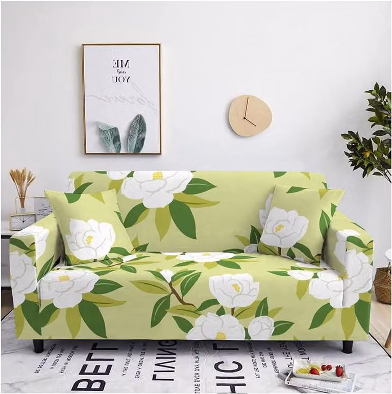 Elastische bankhoes met kussensloop voor 1 zits sofa, 90-140 cm, wit met bloemenprint