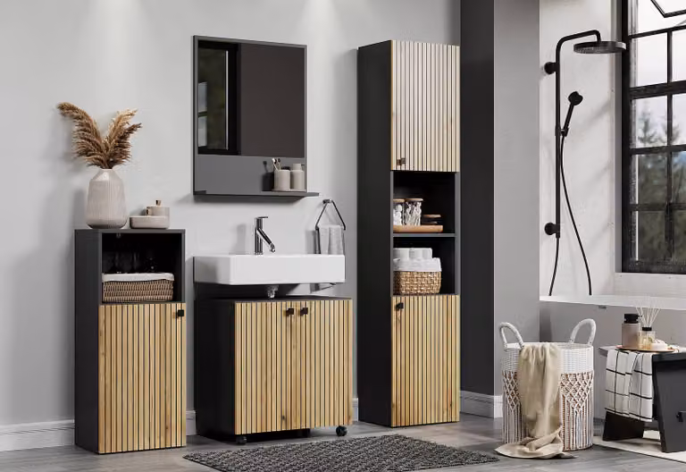 home24 Hoge kast Bliss in bruin, grijs en antraciet met eikenhouten look, B/D/H: 40 x 31 x 186 cm
