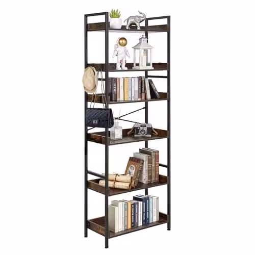 VEVOR Industriële Boekenkast, 6-laags Ladderplank met Metalen Frame, Vrijstaande Boekenplank voor Woonkamer, Slaapkamer of Thuiskantoor, Bruin/Zwart, H: 175 cm, B: 30 cm, D: 30 cm