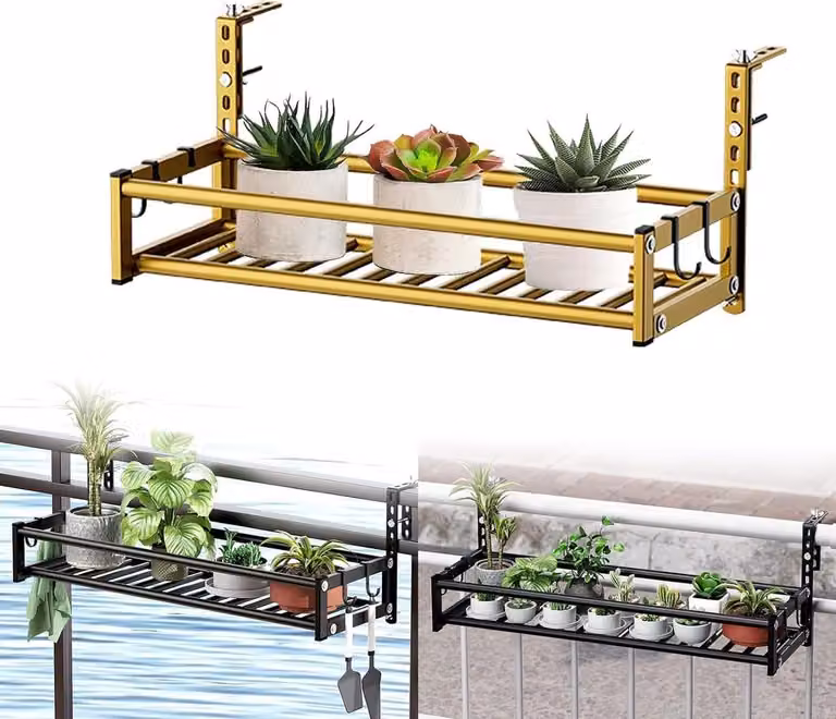 Verstelbare plantenhouder voor op het balkon - Bloempot houder voor buiten decoratie - Goud - B/D: 43 x 24.5 cm