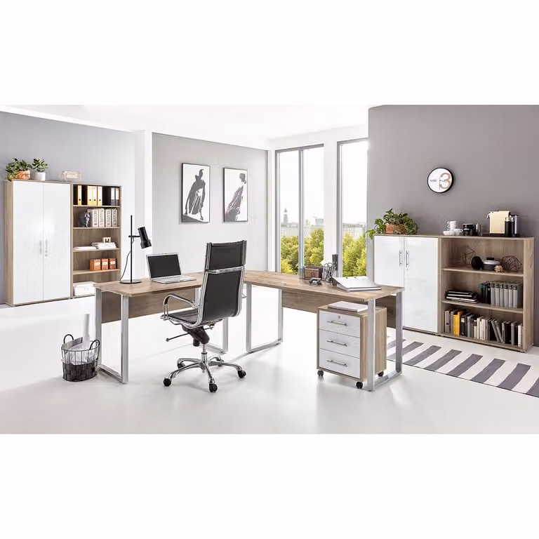 home24 Bureauset 6-delig, Bruin Sonoma Eiken en Hoogglans Wit
