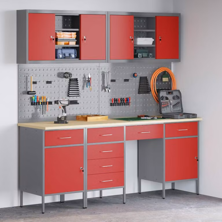 vidaXL Werkbank met 10 laden, rood, van hout en staal
