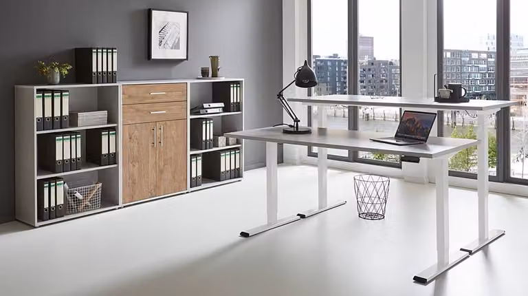 home24 Kantoorset 4-delig Sanremo, grijs/eikenhouten look, B: 114 cm, D: 85 cm, H: 33 cm
