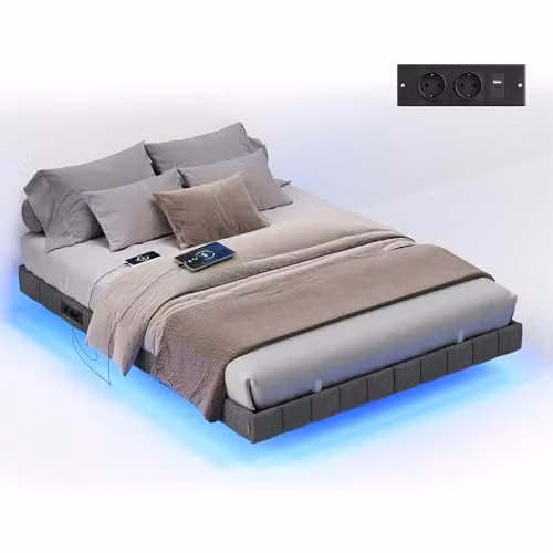 VASAGLE Zwevend bed met LED-verlichting en metalen frame, 140 x 200 cm