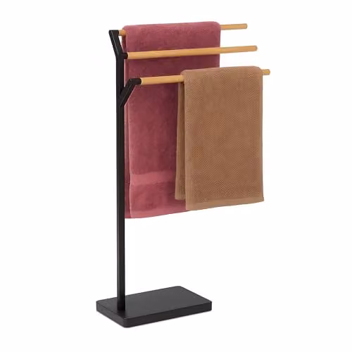 Relaxdays Handdoekenrek badkamer vrijstaand bamboe en metaal zwart B: 75 cm, D: 38,5 cm, H: 18 cm