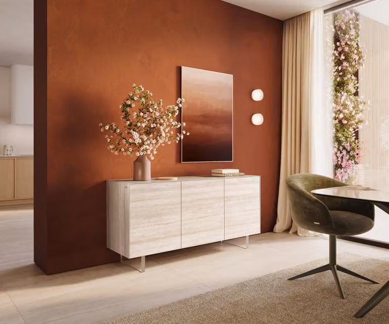 DELIFE Dressoir Cuor 150 cm Travertino Bianco Crème-wit met 3 deuren en zwevende voet look van keramiek en acrylglas