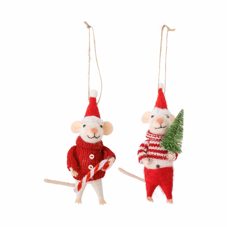 Bloomingville Peo Kerstboomhangers Kerstmuizen van Wol, 2-delig, Rood Gestreept