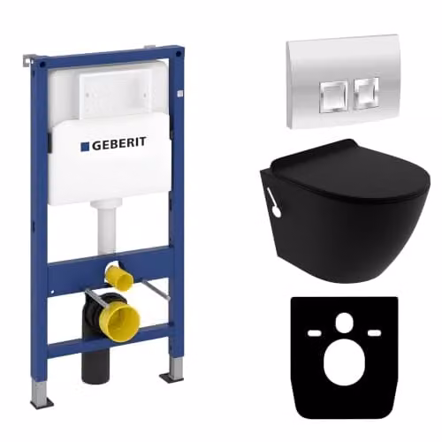 Geberit Duofix Basic Complete Toiletset met Salto Zwart Mat Wandcloset en Delta Chroom Vierkant Bedieningsplaat
