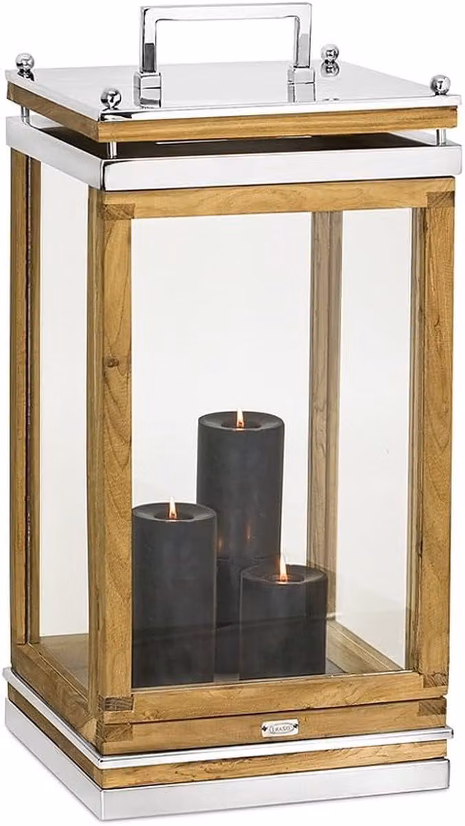 Lantaarn van hout en staal met handvat voor sfeerverlichting - Hoogte: 66 cm