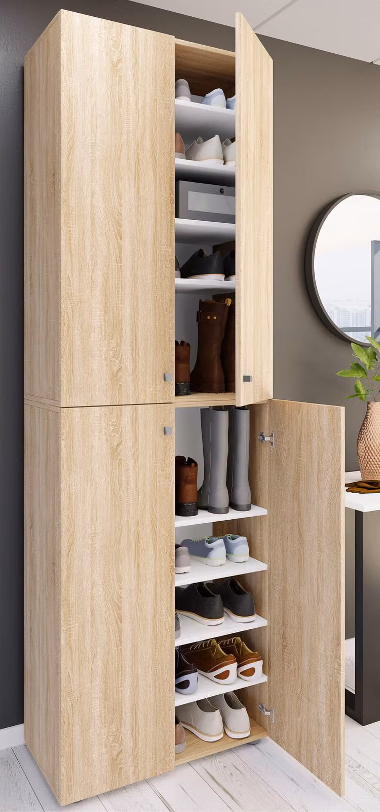 home24 Schoenenkast met 4 deuren, Sonoma eikenhouten look, Bruin, B: 70 cm, H: 220 cm, D: 39 cm