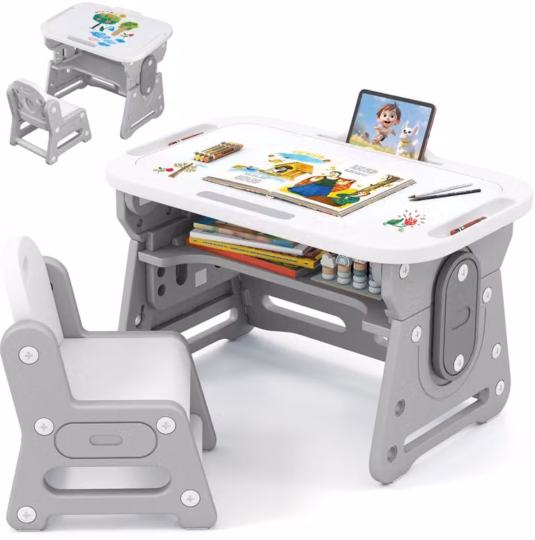 Costway Kinderbureauset met stoel en kantelbaar whiteboard, grijs