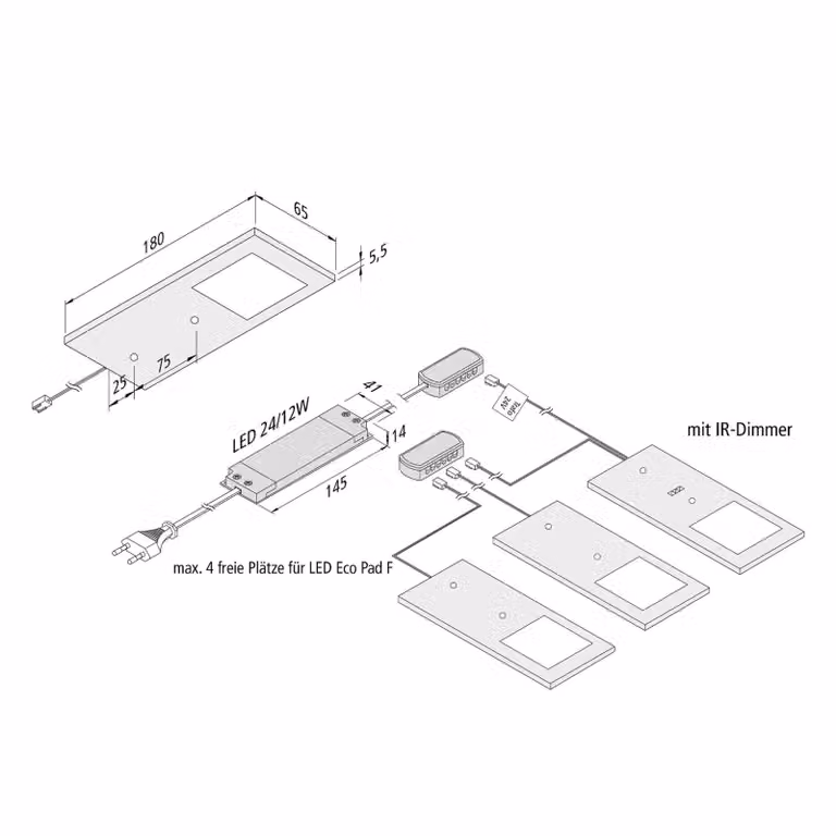 Hera Eco-Pad F LED meubelverlichting set van 3, 3.000K, dimbaar, grijs/zink aluminium
