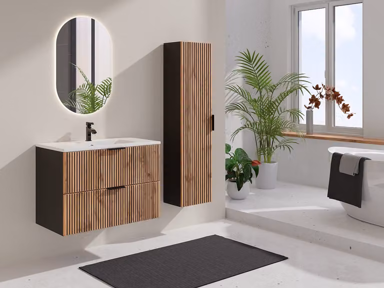 MADELA Modern Geribbeld Badkamermeubel met Inbouwwastafel en Kolomkast - Beige, Zwart en Wit - Breedte: 80 cm, Diepte: 46 cm, Hoogte: 57 cm