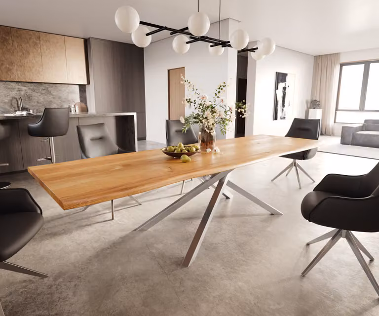 DELIFE Eettafel Edge Live-Edge Eikenhout met RVS Kruisframe, Rechthoekig, Bruin/Zilver, B: 300 cm, D: 100 cm, H: 74 cm