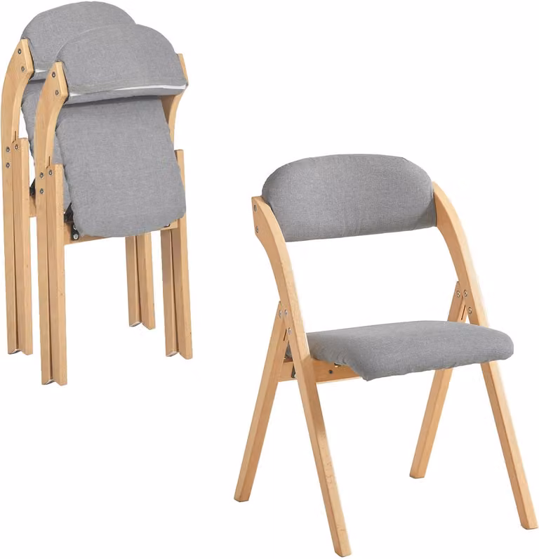 SoBuy Set van 2 Klapstoelen met Gestoffeerd Zitkussen, Natuur/Grijs, B/D/H: 47.5 x 59 x 77 cm