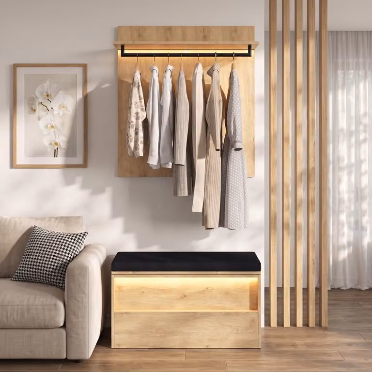 Mivray Schoenenkast met Wandgarderobe, Ledverlichting en Zitkussen, Eikenkleur, B/D/H: 90 x 47 x 145 cm