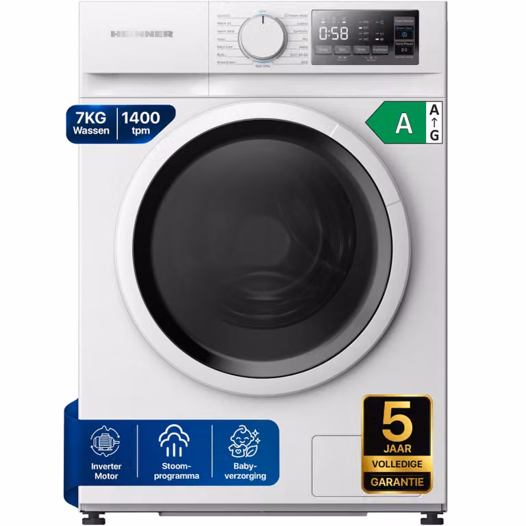 Heinner HWM-M714IVNA Voorlader Wasmachine 7 kg, 1400 tpm, Stoom, LED-display, Wit
