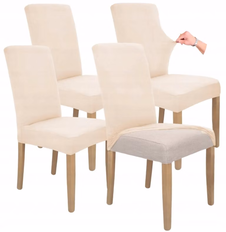 Set van 4 universele stoelhoesen in lichtbeige met elastiek voor eetkamerstoelen