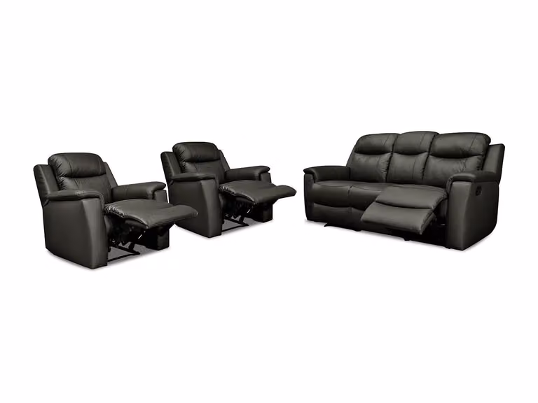 Vente-unique Evasion set van leren driezits relaxbank en twee relaxfauteuils met bekerhouders, zwart