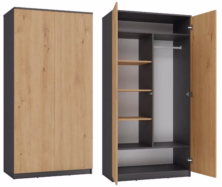 Topeshop SD-90 ANT/ART KPL Garderobekast met 2 deuren en 7 planken voor de slaapkamer of home office, H: 180 cm