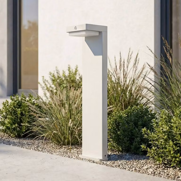 Lindby Eleazar LED-sokkellamp met zonne-energie, wit, aluminium, met bewegingssensor en dimbare warmwitte verlichting