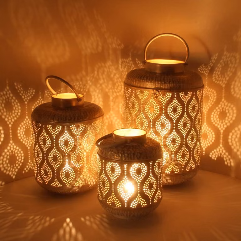 Oosterse metalen lantaarn Suraya windlicht set van 3 stuks