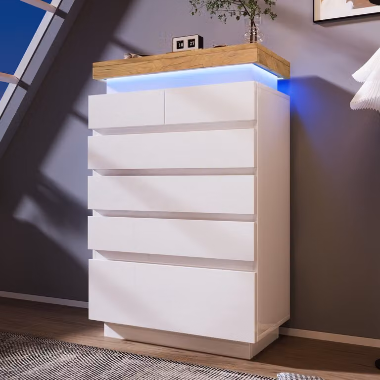HAUSS SPOLE Dressoir Wit met 6 Lades, LED-verlichting en Muziekfunctie - B/D/H: 115 x 39 x 73 cm
