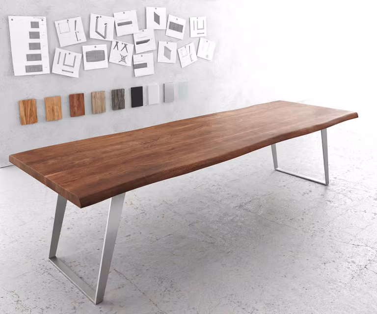 DELIFE Eettafel Edge Live-Edge Acacia Bruin met Zilveren Sled Base B: 300 cm, D: 100 cm, H: 76,5 cm