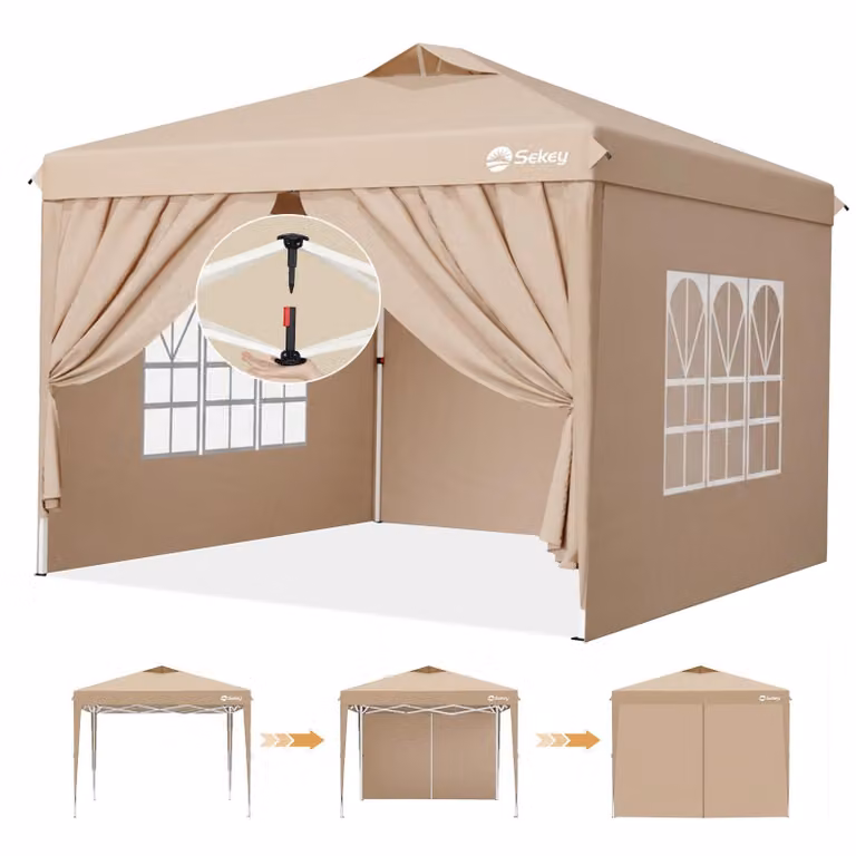Sekey Opklapbare Tuinpaviljoen met 4 Zijpanelen, Waterdicht en Winterbestendig, Taupe, 3 x 3 meter
