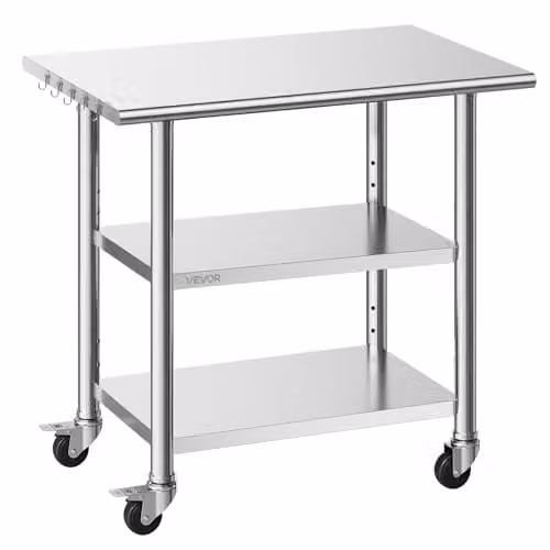 VEVOR Gasto Werktafel van Roestvrij Staal met 3 In hoogte verstelbare Etages en Wielen, Zilver, B/D/H: 91,5 x 61,0 x 86,4 cm