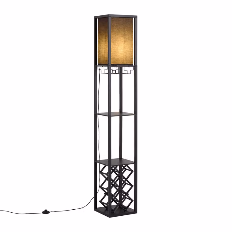Qazqa Moderne vloerlamp zwart met beige stoffen kap en wijnrek