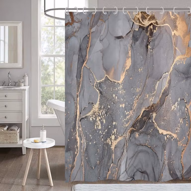 ShopVlot Douchegordijn Grijs Marmer met Gouden Glitter Abstract Modern Luxe Design B: 180 cm, H: 200 cm