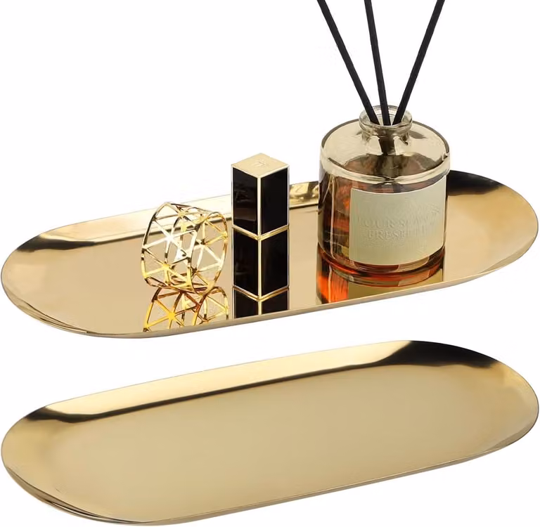 Decoratieve Gouden Dienbladen voor Sieraden en Kaarsen - Mini Badkamer Tray van RVS, Ovalen Opbergmand voor Toilet en Wastafel