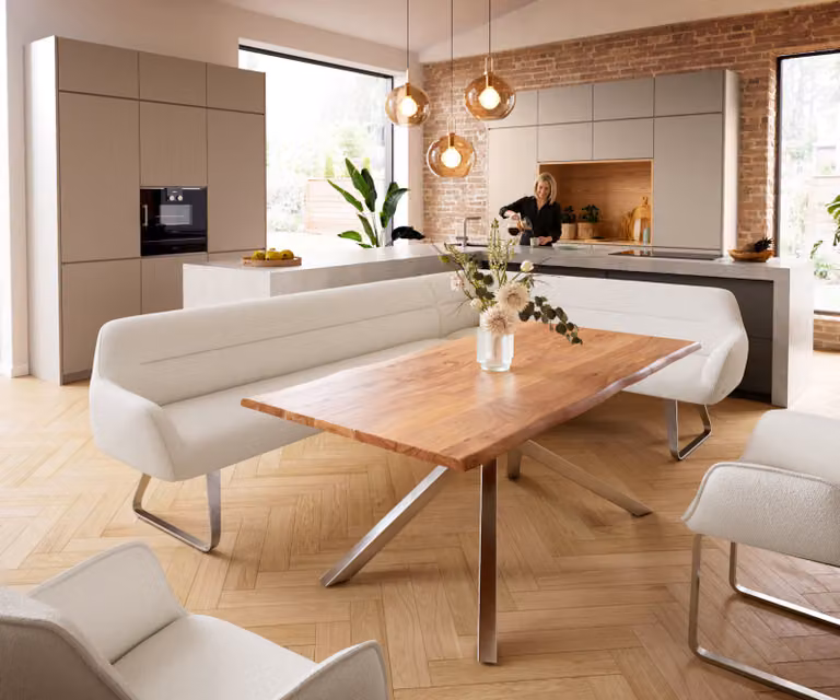 DELIFE Eetkamerbank Taya-Flex L-vormig, Bouclé Crème-wit, Rechts, B: 282 cm x D: 190 cm x H: 87 cm