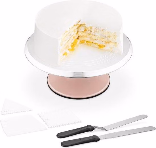 Draaibare taartplateau set met 360 graden draaiplateau, 2 taartmessen en 3 taartschrapers, roze aluminium en roestvrij staal