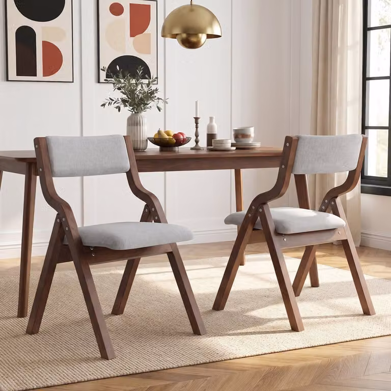 Pugsdrly Set van 2 opvouwbare eetkamerstoelen van massief hout met linnen zitting in grijs