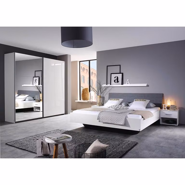 home24 Futonbed wit met bedrukte stof en verwerkt hout, B/D: 160 x 200 cm